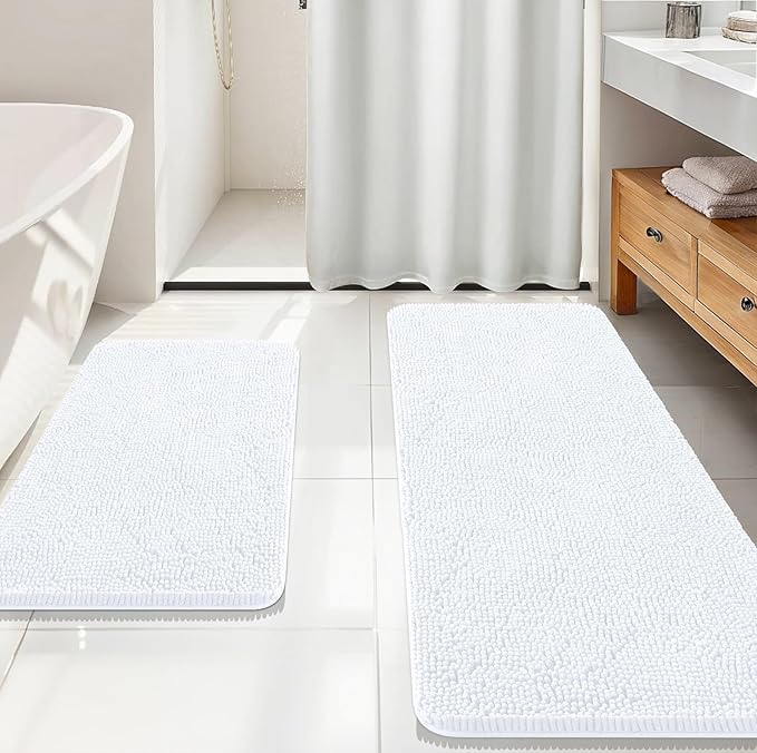 OLANLY Bathroom Rugs Sets 2 Piece, Soft Absorbent Chenille Bath Mats Area Rug Set, Non-Slip, Quick Dry, Machine Washable Bath Mats for Bathroom, Home Decor Accessories (59"x20"+30"x20", White)