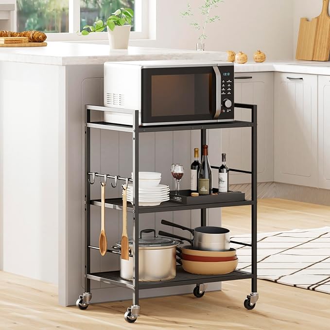 3-Tier Metal Storage Rack with Industrial Wheels,Mesh Shelving Unit with Wooden Table top,Adjustable Shelf,23.6-Inch Width,15.8-Inch Depth, for Kitchen, Laundry,Pantry,Plant,Black panel