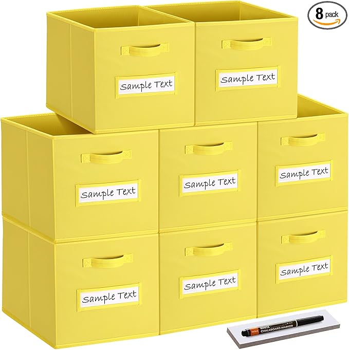 artsdi Fabric storage cubes (8 Pack) 13 Inch Cube Storage Bin, cube organizer bins with 8 Labels Window Cards & a Pen, Foldable cube organizer bins and Storage Box, Dark Yellow