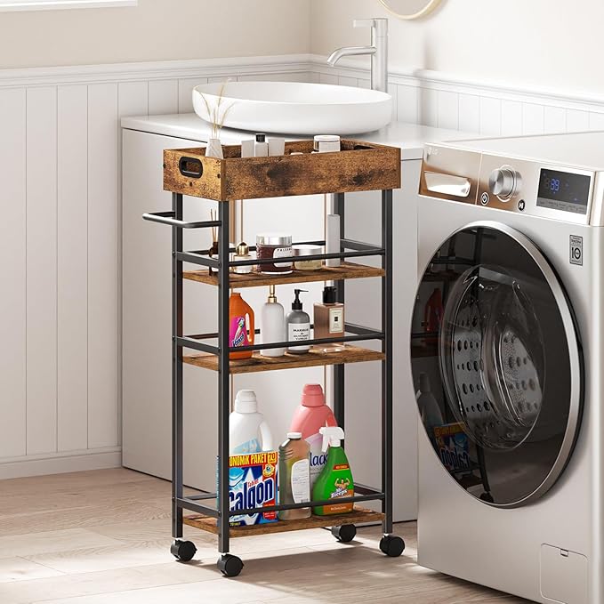 Slim Storage Cart, 4 Tier Rolling Cart with Handle, Rolling Carts with Wheels, Metal Frame Narrow Cart for Small Spaces for Kitchen, Dining Room, Bathroom, Laundry Room, Office