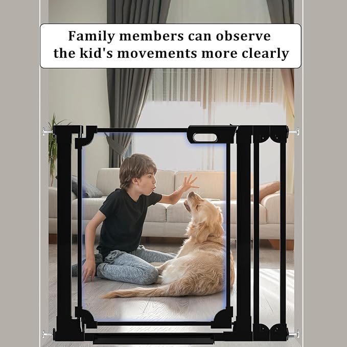 WAOWAO Clear Baby Gate for Stairs Modern Design Acrylic Auto Close Pet Gate, 29.52-47.24" Wide Safety Baby Gate for Doorways,Black Clear Dog Gates Indoor,Hallways,Kitchen