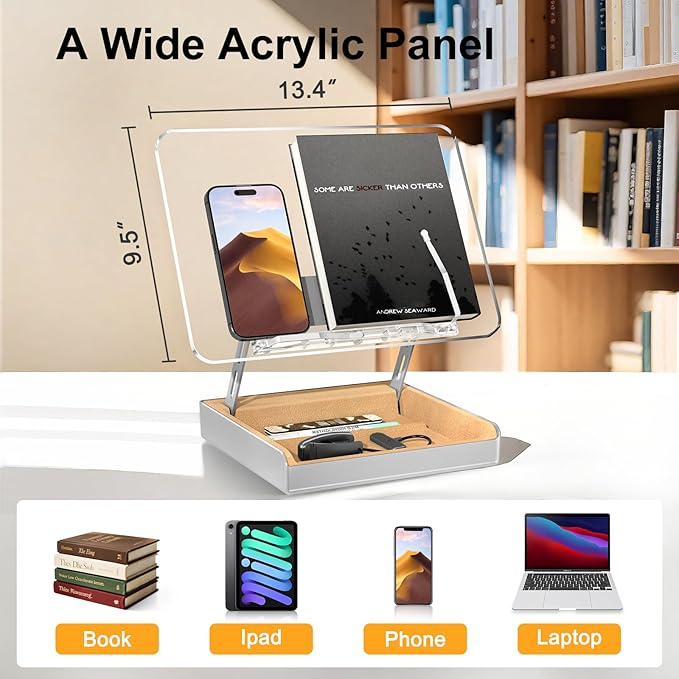 Book Stand with Storage, Book Holder for Reading Hands Free, Wooden Cookbook Stand for Kitchen Counter, Adjustable Reading Stand for Desk, Recipe Stand, Book Prop for Book Lovers (Clear)