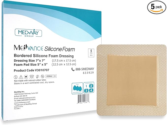 MedVance TM Silicone - Bordered Silicone Adhesive Foam Dressing Size 7"x7" (5"x5" pad), Box of 5 dressings