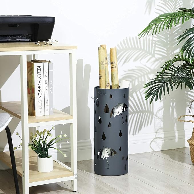 SONGMICS Umbrella Stand, Metal Umbrella Holder for Entryway, with Water Tray and 4 Hooks, 7.7 x 7.7 x 19.3 Inches, Round, Anthracite Gray ULUC23AG