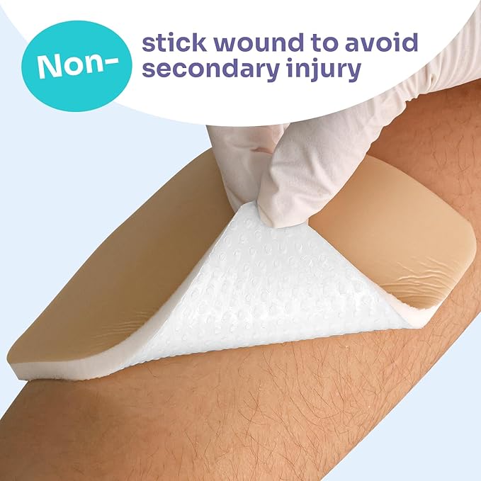 Conkote Silicone Adhesive Foam Dressing Without Border for 5 Pack, 4"x4" Highly Absorbent Wound Dressings for Post-Operative, Pressure Ulcers, Diabetic Foot Ulcers, Venous Leg Ulcers