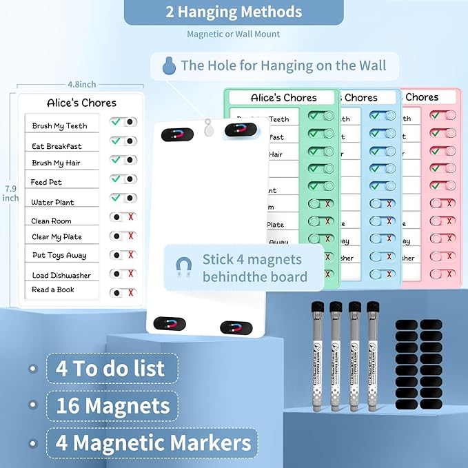 4 Pcs Chore Chart for Kids Multiple Kids Dry Erase Board for Fridge, Magnetic Visual Schedule, My Chores Slider Chart Plastic to Do List ADHD Tools, Sliding Routine Chart, Daily Checklist