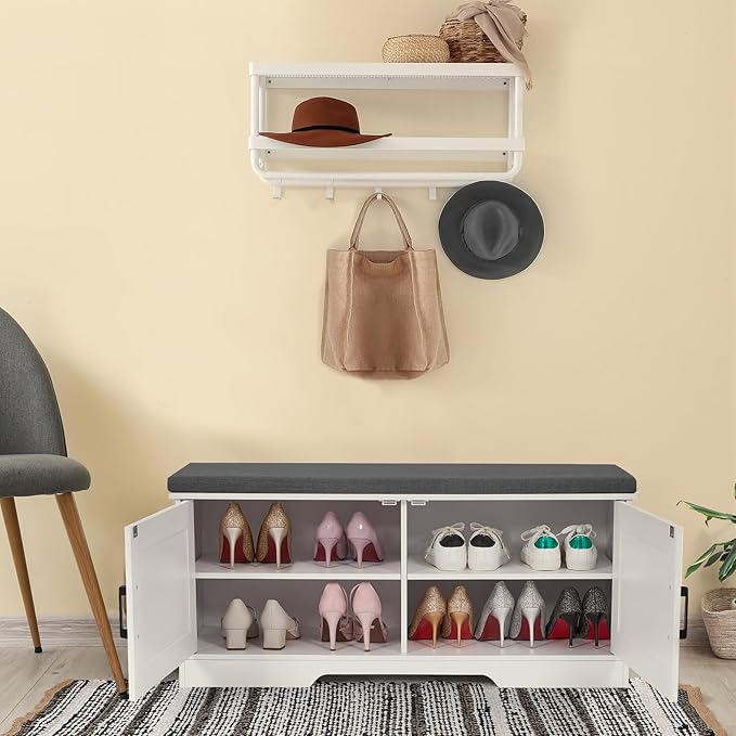 2-Tier Storage Bench, 39.4" Wide Shoe Bench with Padded Seat Cushion, Entryway Bench with 2 Barn Doors and Adjustable Shelf, White