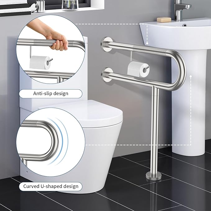Toilet Grab Bar with Leg 24x28 Inch, ZUEXT Brushed Nickel Knurled Toilet Support Bar with Toilet Paper Holder, Stainless Steel Wall & Floor Mounted Bathroom Support Rail for Elderly Disabled Pregnant