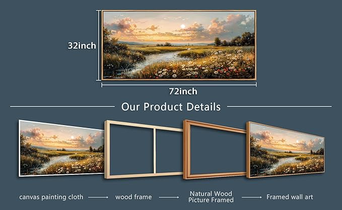 FUHAIHUA Wood Framed Canvas Wall Art For Living Room Large Wall Decor For Office Bedroom Decorations Sunset Landscape Pictures Farmhouse Painting Artwork Room Wall Mural Aesthetic Home Decor 32x72 In