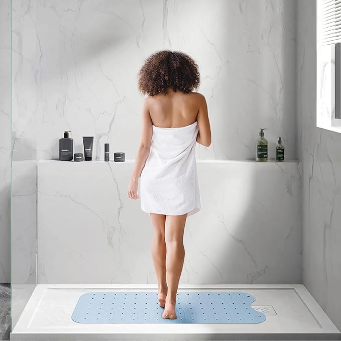 Extra Long Rubber Bathtub Mat, Non-Slip Shower Tub Mat, 39x16 Inch, Bath Tub Floor Mat with Suction Cups and Drainage Holes, Light Blue