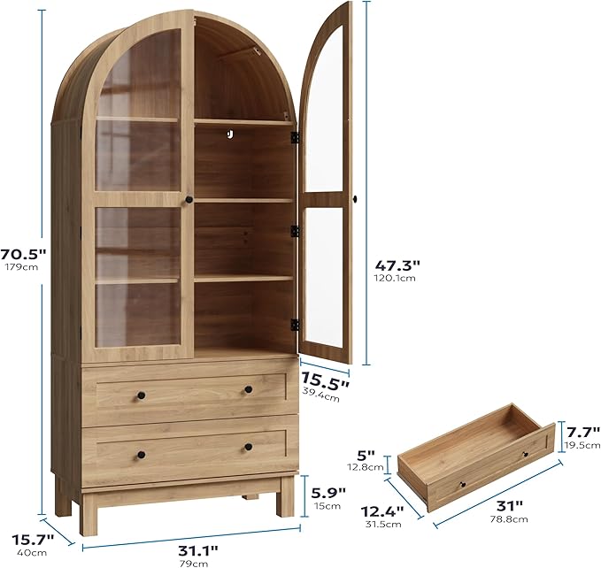 71" Tall Arched Kitchen Pantry, Kitchens Pantry Storage Cabinet with 2 Large Drawers and Adjustable Shelves, Modern Farmhouse Versatile Cupboard for Kitchen, Dining Room, Bathroom, Natrual