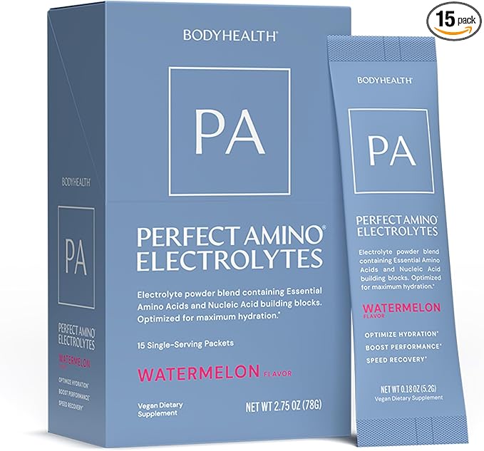 BodyHealth PerfectAmino Electrolyte Drink Mix – Watermelon – No Sugar, Keto & Fasting Friendly, Hydration with Trace Minerals – Stick Packs