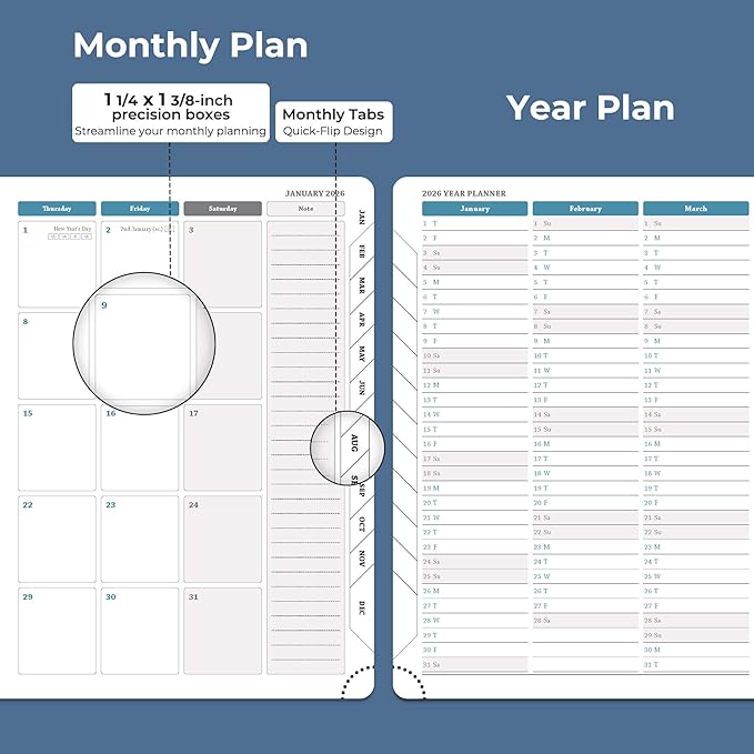 Planner 2026 Daily Weekly and Monthly,8.5"x6.5",12 Months Spiral Bound Calendar Agenda with Self-adhesive Pen Holder,2026 Appointment Book with Vegan Leather Soft Cover,Blue