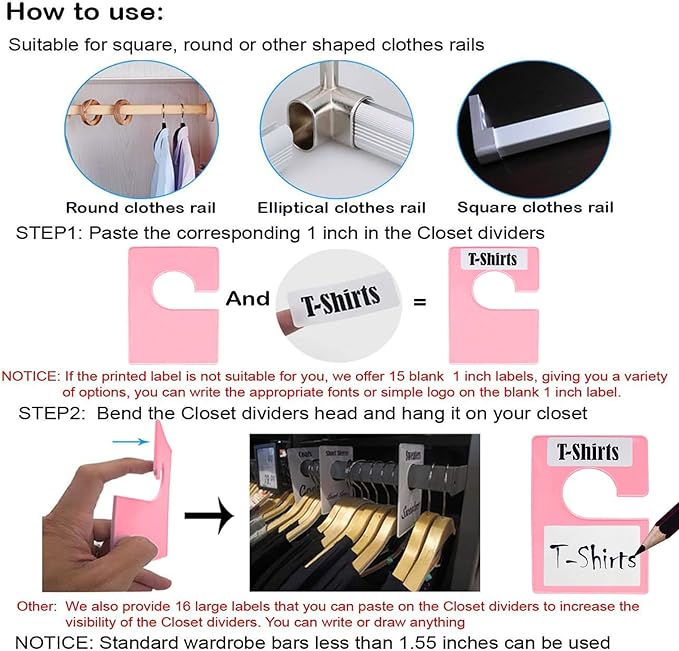 16 Pack White Clothing Rack Size Dividers Plus 45 Labels (1 Inch) and 18 Large Blank Labels, Large Rectangular Clothing Closet Dividers (Pink)