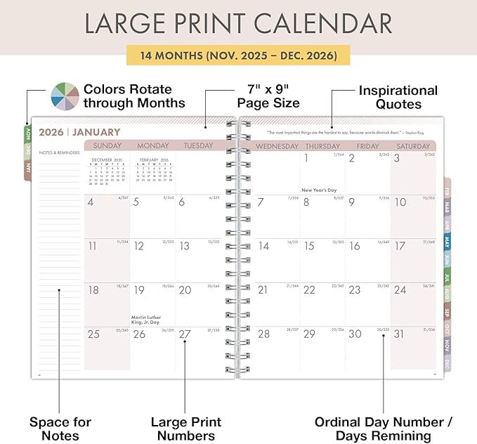 Essential PRO 2026 Daily, Weekly & Monthly Planner, 7"x9": 14 Months (Nov 2025 - Dec 2026) Monthly Tabs,Daily Tracking,Notes Pages,Storage Pocket,Bookmark w Sticky Notes (Rainbow Petals)