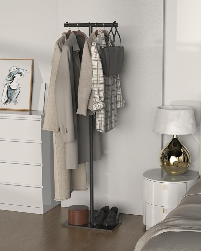 T-shaped Coat Rack Freestanding, Modern Clothes Rack with Rock Slab Base, Heavy-duty Metal Coat Tree for Boutiques, Hallway, Entryway, 68.9 Inches High, Black, GYJ001B