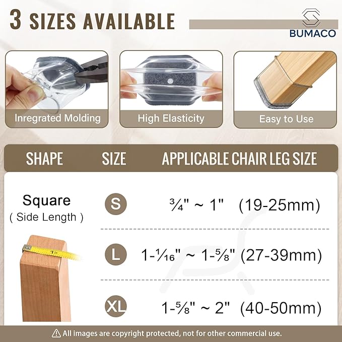 BUMACO Chair Leg Floor Protectors Square Chair Leg Protectors for Hardwood Floors Silicone Pads Covers to Protect Floors Clear-20 Pcs Square L (1-1/16" to 1-5/8")