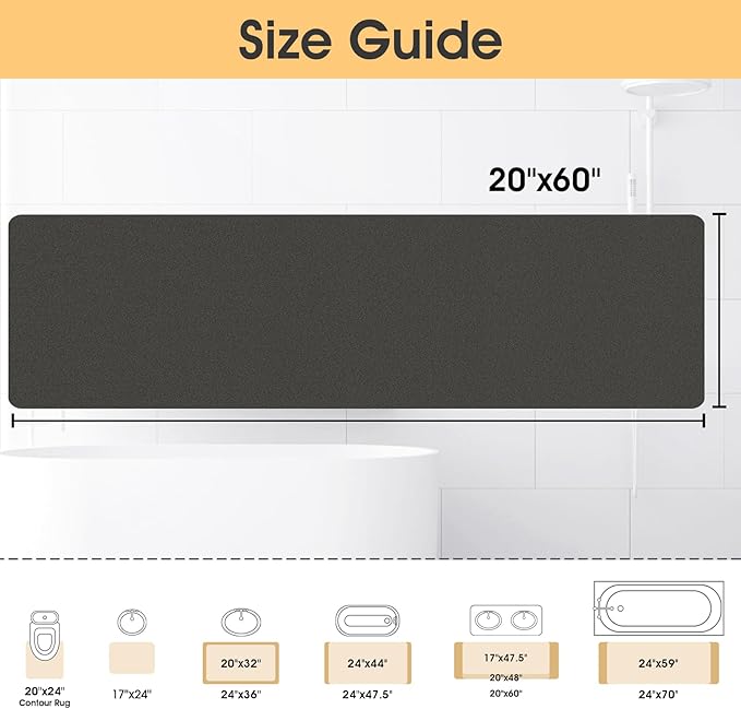ACCUMTEK Ultra Thin Bath Mat, Upgrade Backing Non Slip Thin Bath Mats Fit Under Door, Quick Dry Ultra Absorbent Bathroom Rugs, Machine Washable Bath Rugs for Bathroom, Charcoal Gray/Solid/59 x20