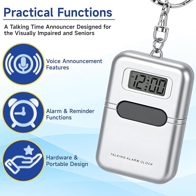 Talking Clock for The Blind and Visually Impaired - Easy-Use Talking Alarm Clock for Blind Elderly with Voice Announcement, LCD Display, Keychain & Portable Design