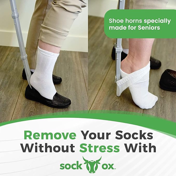 Sock Ox by Easy To Use Products, adjustable sock aid device for seniors, not for compression socks, travel-friendly for elderly with built-in shoe horn, up to 36 inches in length