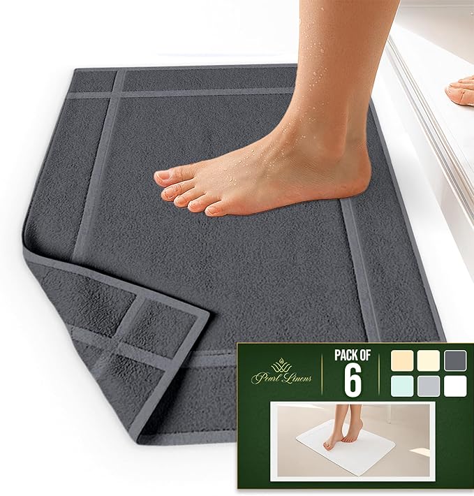 Pearl Linens 100% Ring Spun Cotton Bath Mat (Pack of 6) 18 x 25 Inch, Washable, Soft & Absorbent Terry Bathroom Floor Mat – Not Bathroom Rugs – Quick-Dry After Shower Bath Mat, 687 GSM, Grey