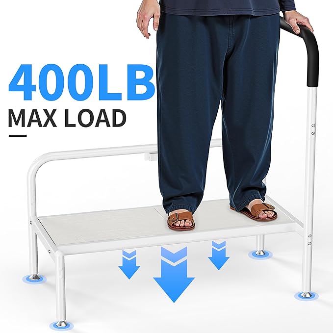 Bed Step Stool for Adults, Bedside Steps for Elderly Seniors with Non-Slip Handle & LED Light, Stable Assist Rail for High Beds