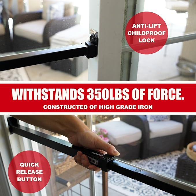 SECURITYMAN Sliding Door Security Bar-Child Proof Sliding Door Lock Bar with Anti Lift Lock - Fits Most Doors & Windows - Adjustable Patio Door Security Bar (18.75"- 51.1") Black