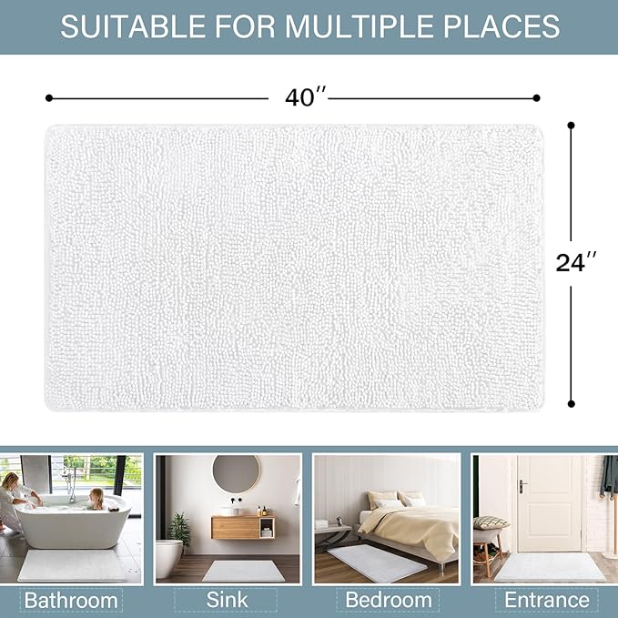 LOCHAS Luxury Bathroom Rug Shaggy Bath Mat 24 x 40 Inch, Washable Non Slip Bath Rugs for Bathroom Shower, Soft Plush Chenille Absorbent Carpets Mats, White