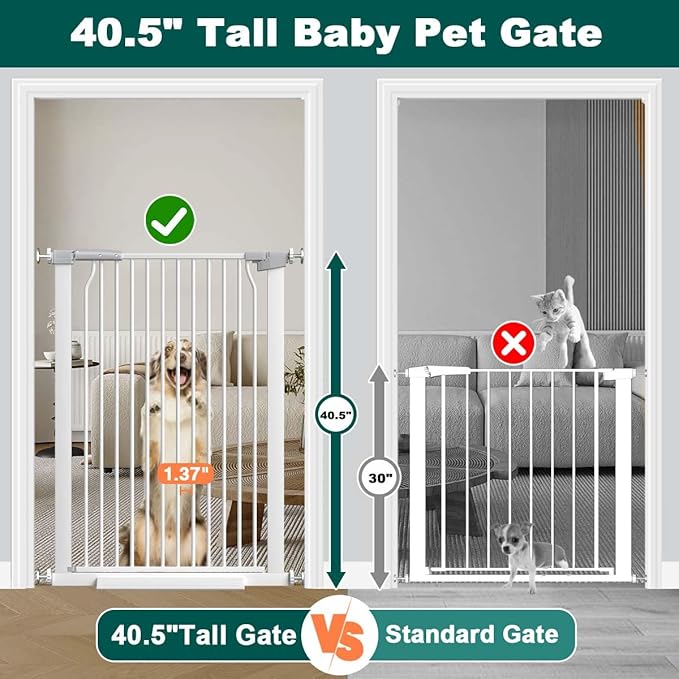 Fairy Baby 40.5" Extra Tall Baby Gate No Drill, 65.8"-72.2" Extra Wide Large Dog Gate, Pressure Mounted Walk Through Adjustable Tension Safety Gate, Auto Close Child Pet Gate for Stairs Doorway, White