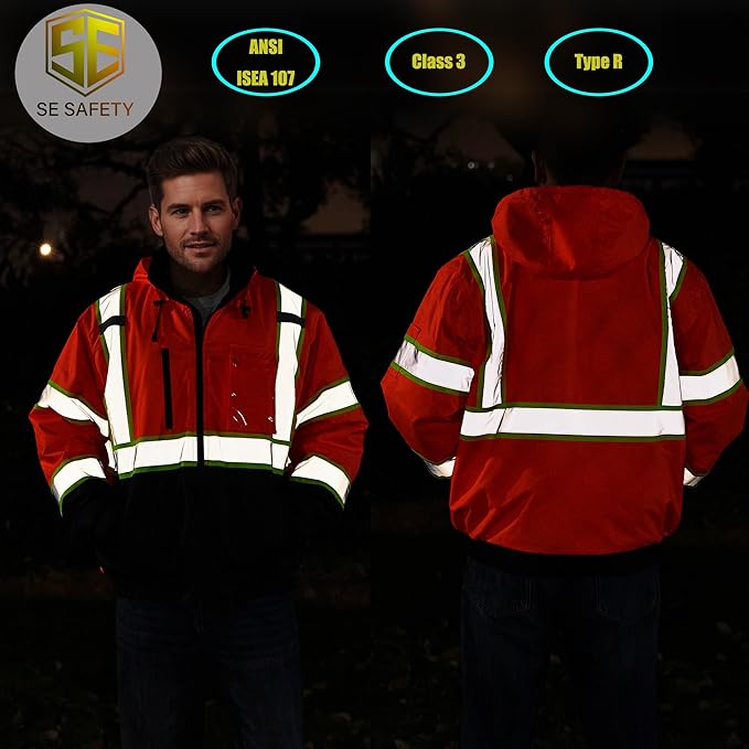 sesafety Reflective Jacket for Men, High Visibility Jackets, Safety Jackets for Men, Hi Vis Construction Bomber Jackets Waterproof with Pockets and Zipper, Black Bottom, Class 3