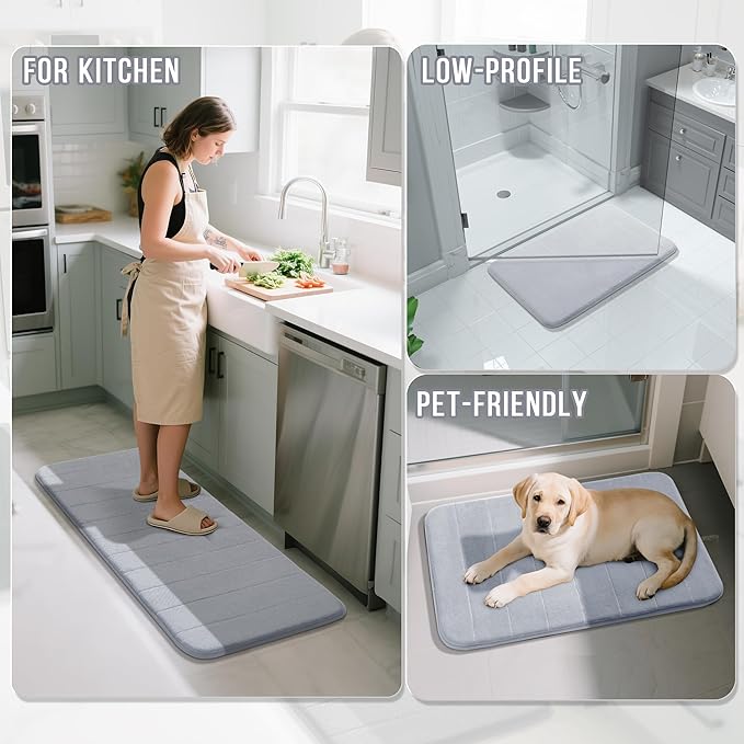 Yimobra Memory Foam Bath Mat Set 3 Pieces- Super Soft Absorbent Quick Dry Bathroom Rug Sets, Machine Washable Non Slip Floor Carpet for Tub Shower, Vanity & Toilet Base, Silver