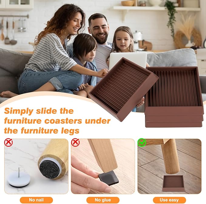 xxxHOLIC Non Slip Furniture Pads, 4” x 4” Brown Square Rubber Grippers for Hardwood Floors, Anti Skid Furniture Feet Coasters, Bed Couch Stoppers to Prevent Sliding and Floor Scratches, Set of 4