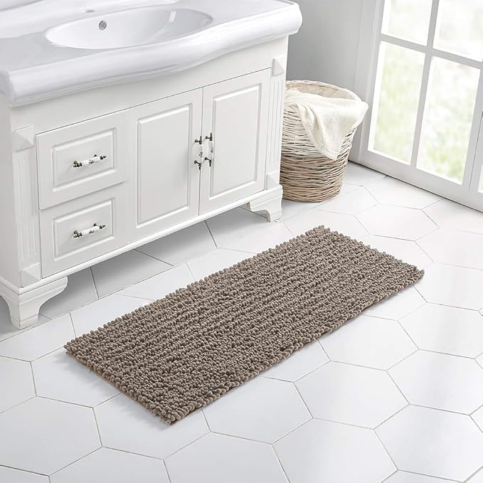 Walensee Large Bathroom Rug Non Slip Bath Mat (24x60 Inch Taupe) Water Absorbent Super Soft Shaggy Chenille Machine Washable Dry Extra Thick Perfect Absorbant Best Plush Carpet for Shower Floor