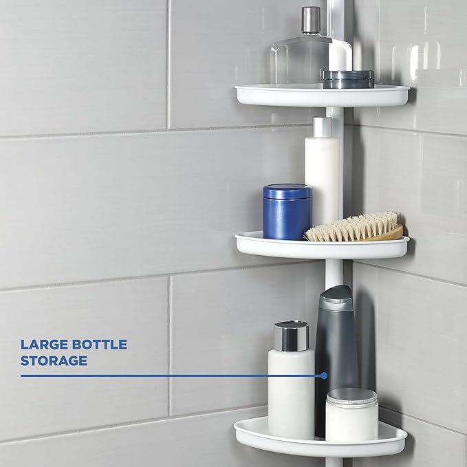 4-Tier Tension Corner Shower Caddy, White Steel Pole, Adjustable 60-96 Inches, 3 Shelves with Deep Basket, Rust-Resistant Finish