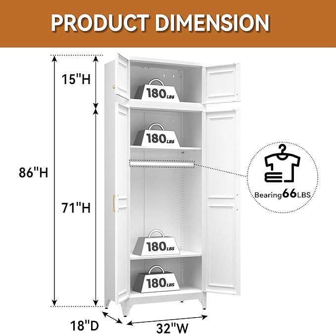 Metal Armoire Closet, 86 Inch Tall Wardrobe Armoire with Hanging Rod, Almirah for Clothes with Doors, 18" D x 32" W x 86" H, White, Assemble Required, Shipped in Two Packages