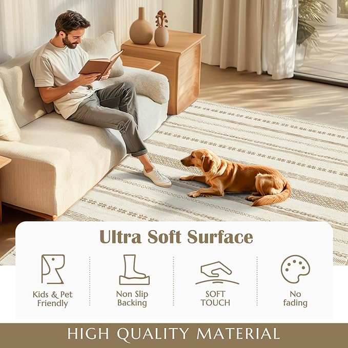 jinchan Moroccan Boho 5x7 Area Rugs for Bedroom - Machine Washable Soft Throw Rug Bohemian Ripple Design Non-Slip Neutral Carpet for Living Room Kitchen Dining Room Home Office (5‘x7', Beige)