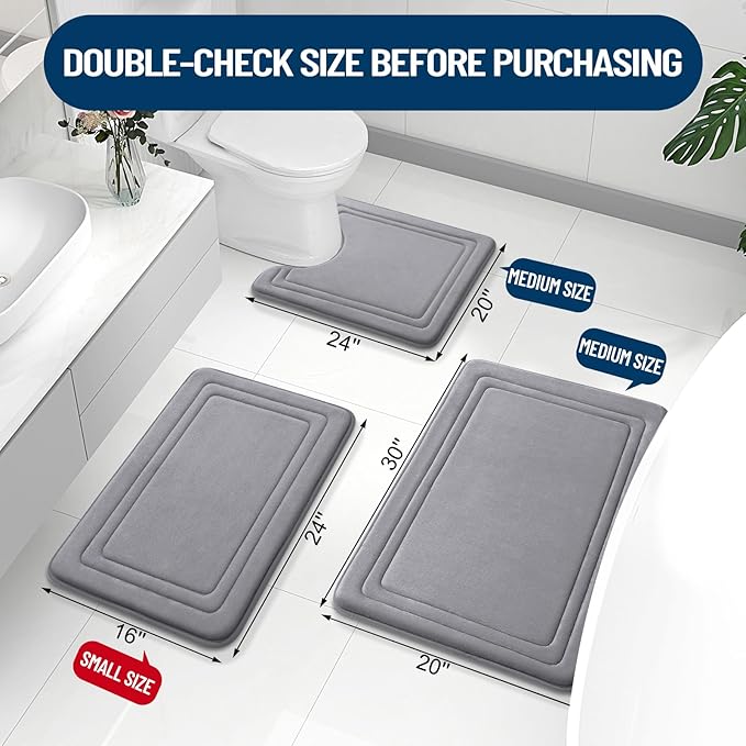 Grandaily Memory Foam Bath Mat Rug 24x16, Ultra Soft, Non-Slip and Absorbent Bathroom Rugs, Machine Wash Dry, Comfortable Bath Carpet for Bathroom Floor, Tub and Shower, Medium Grey