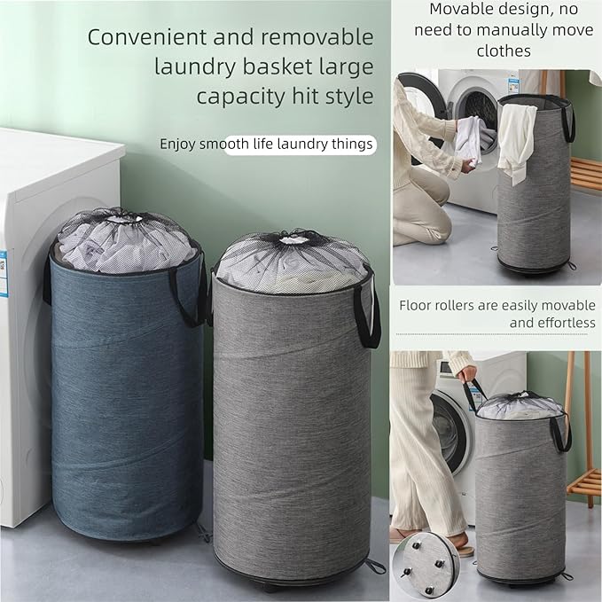 Large Laundry Basket，Waterproof, Freestanding Laundry Hamper, laundry baskets on wheels，Collapsible Tall Clothes Hamper with Extended Handles for Clothes Toys in the Dorm and Family-(72L) (grey)