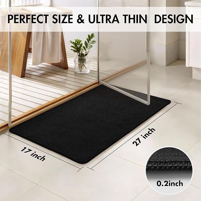 MIULEE Set of 2 Ultra Thin Bathroom Rugs, Rubber Bath Mats for Bathroom Non Slip, Quick Dry Absorbent Bath Rug Machine Washable, Fit Under Door, Shower, Sink, Halloween Home Decor, Black, 17x27 Inch