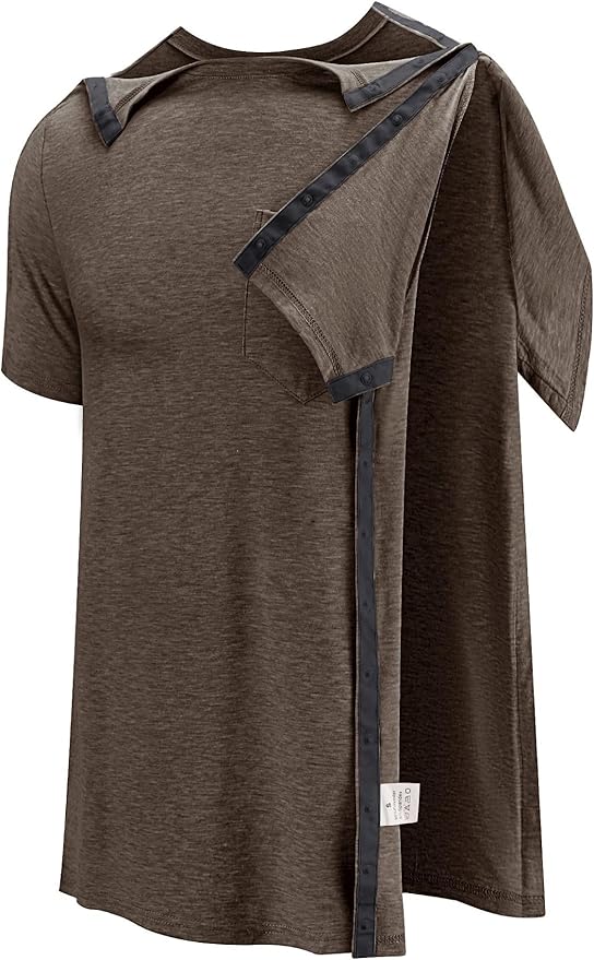 Poriff Men's Post Shoulder Surgery Recovery Shirts Full Tear Away Short Sleeve Snap Chemo Port Access Shirt