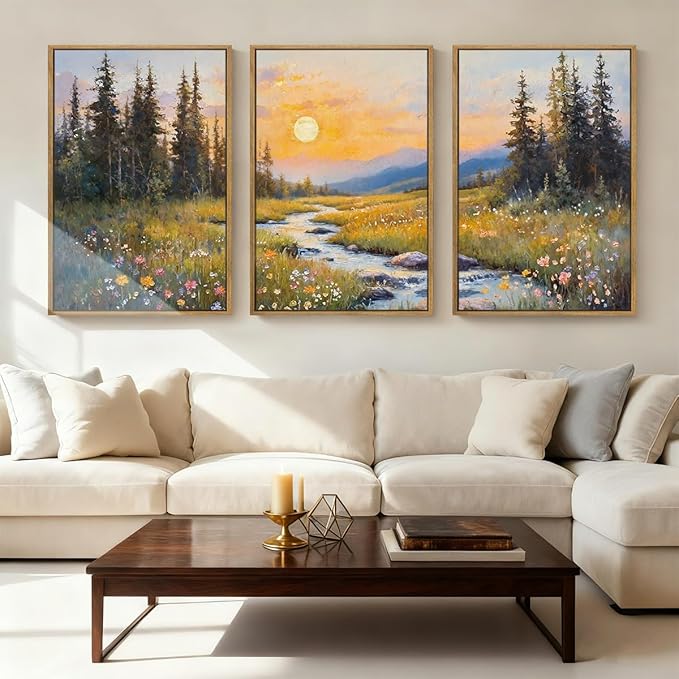 IARTTOP Large Mountain Wall Art Framed 16x24 Inch Abstract Forest Landscape Canvas Wall Decor Nature Scenery Wildflower botanical Artwork for Living room Bedroom Set of 3