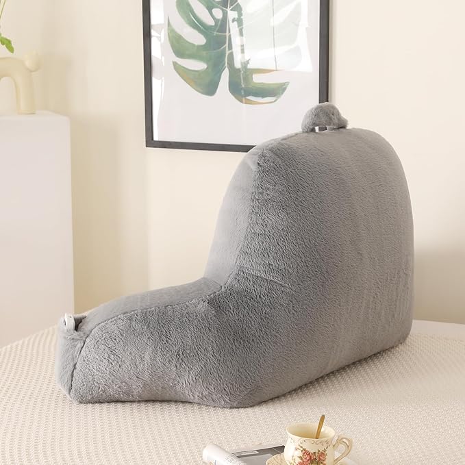 Reading Pillow for Sitting in Bed, Large Backrest Reading Pillow with Arm Rest,Back-Rest Support Cushion for Sit Up on Couch, Sofa, and Floor, Dorm Essentials (Gray Faux Fur, Large(19"))