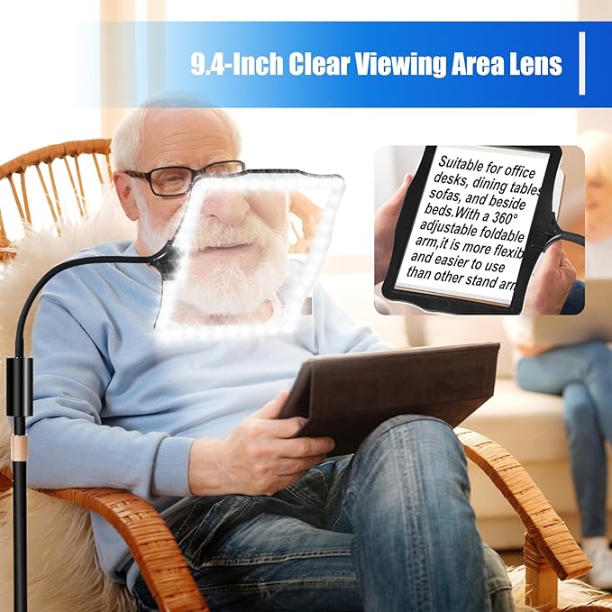 Hands Free Floor Magnifying Glass, with Light and Stand, 3 Light Modes Rechargeable Floor Magnifying,Suitable for Reading, Sewing, Crafts, DIY, Embroidery, Close Work. Magnifiers for Seniors