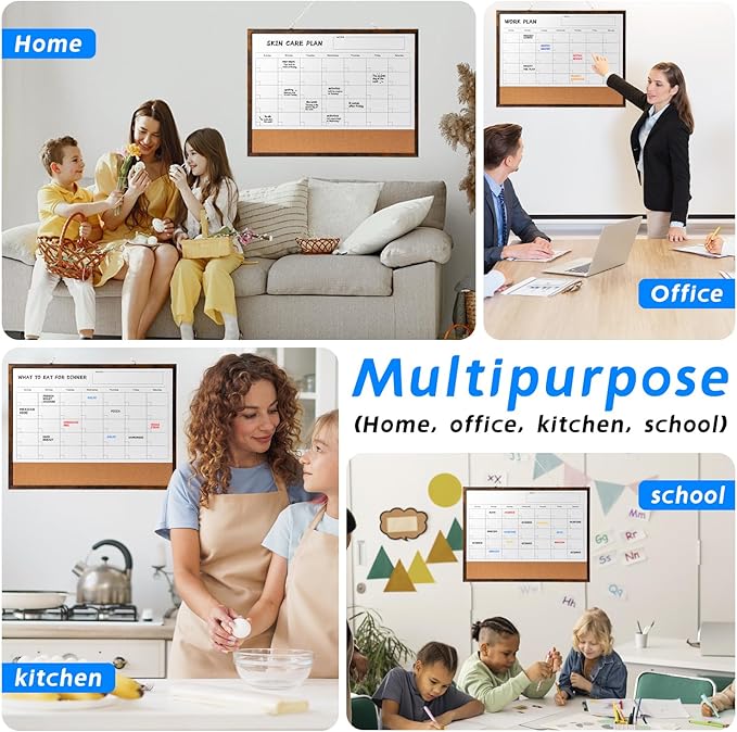 Dry Erase Calendar Whiteboard, 24" x 18" Magnetic Whiteboard Cork Board Combo, Reusable Monthly Planner with 8 Markers, Eraser, Magnets and Pushpins, Hanging Dry Erase Board for Home, School - Brown