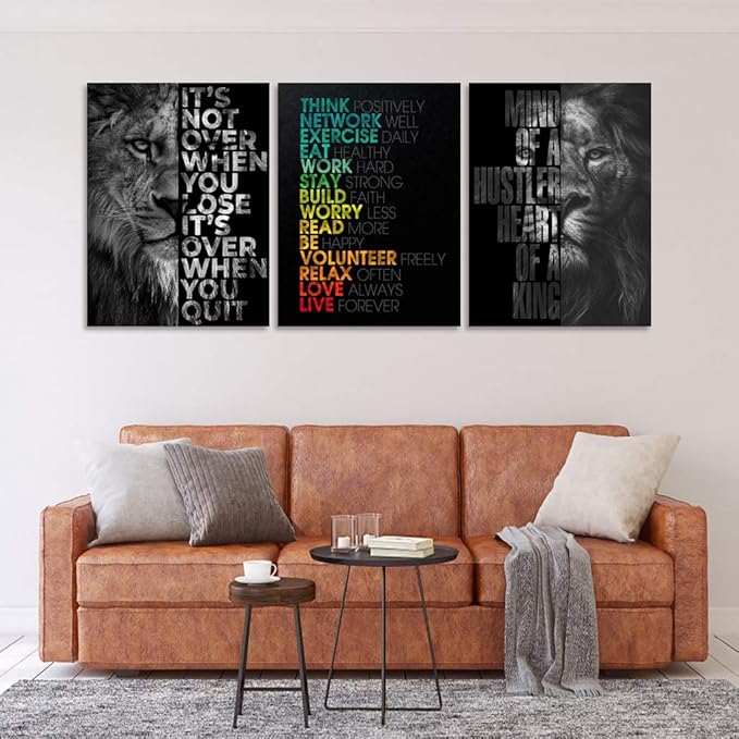 Unbruvo Motivational Office Wall Art Inspirational Canvas Wall Art Lion Picture Print Entrepreneur Quote Wall Painting 3 Pieces Artwork for Living Room Bedroom Classroom Home Decor(48" Wx24 H)