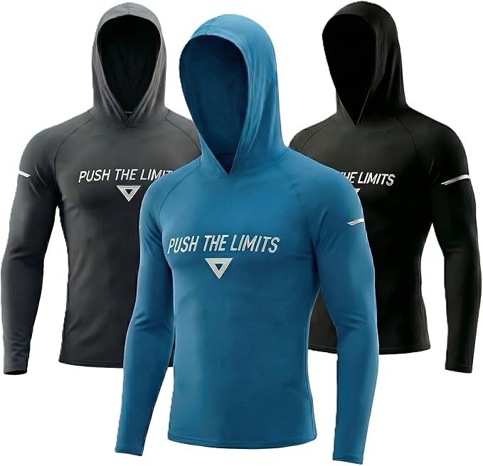 3-Pack Men's Compression Hoodie with Mask - Long Sleeve Winter Base Layer & Running Shirt - Sun Protection Fishing Gear