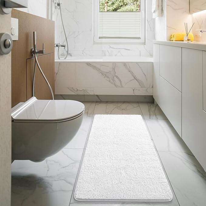 LOCHAS Luxury Bathroom Rug Shaggy Bath Mat 48 x 17 Inch, Washable Non Slip Bath Rugs for Bathroom Shower, Soft Plush Chenille Absorbent Carpets Mats, White