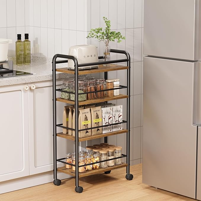 Slim Rolling Cart, 4-Tier Narrow Storage Cart with Handle, 9.1 Inches Deep, Bathroom Shelf for Small Spaces, Kitchen, Dining Room, Living Room, Laundry Room, Rustic Brown