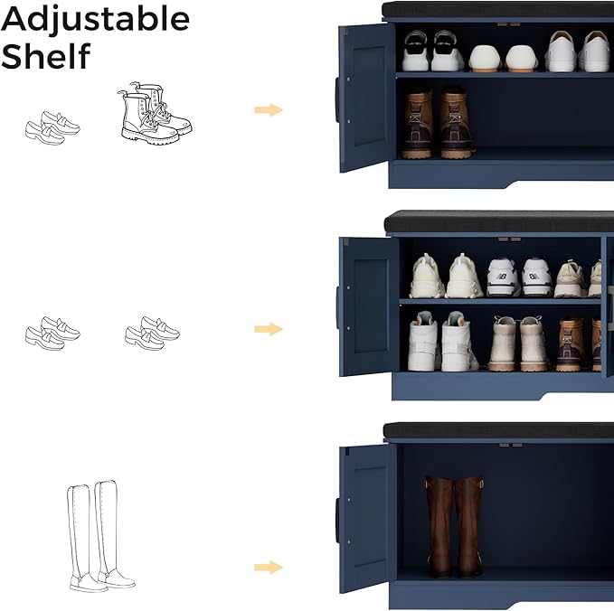 2-Tier Storage Bench, 47.2" Wide Shoe Bench with Padded Seat Cushion, Entryway Bench with 4 Barn Doors and Adjustable Shelf, Blue