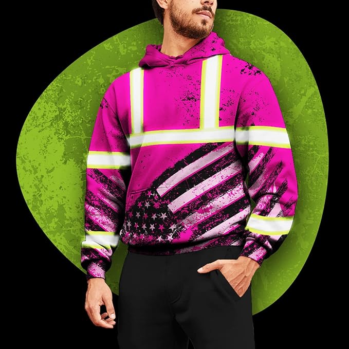 US Flag High Visibility Hoodie for Men Reflective Hoodie Safety Workwear for Worker Runner Patriotic ACC02